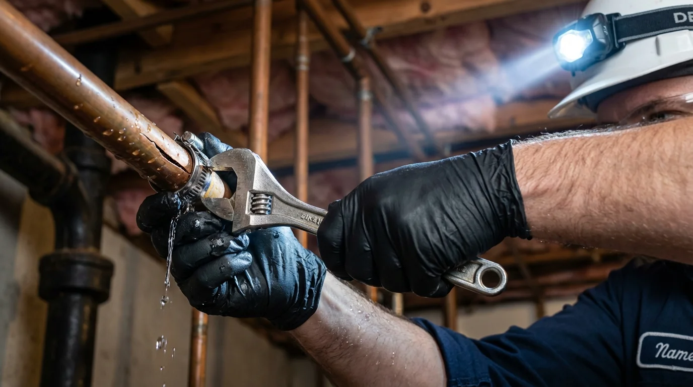 Emergency pipe clamp repair being performed by a Johns Plumbing LLC plumber in Aransas Pass
