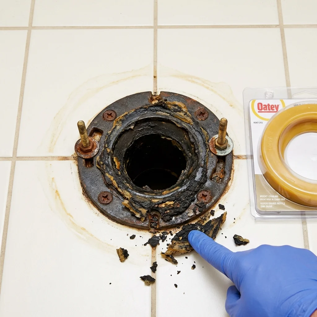 Failed wax ring showing water seepage at the base of a toilet in a Aransas Pass, TX home