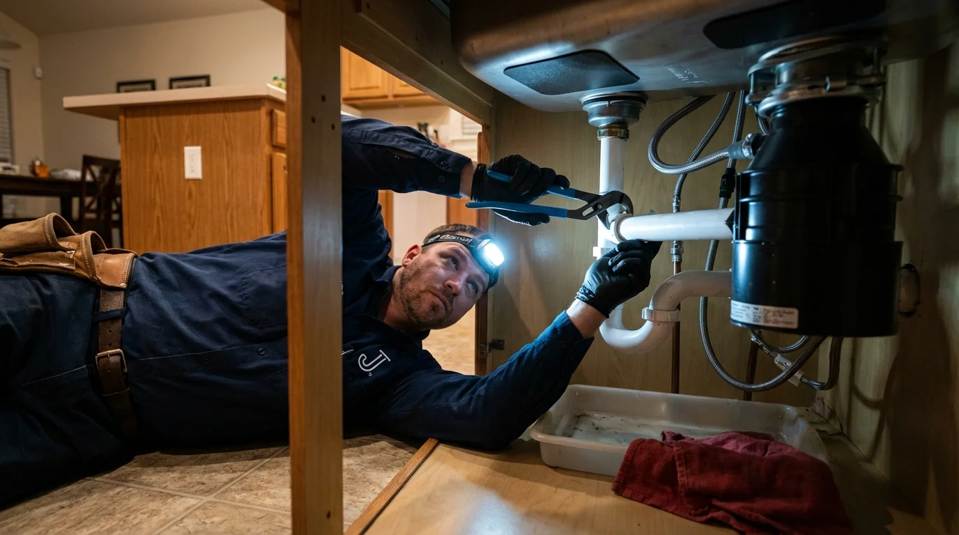 P-trap and supply line connections under a kitchen sink showing a common leak point in Aransas Pass, TX